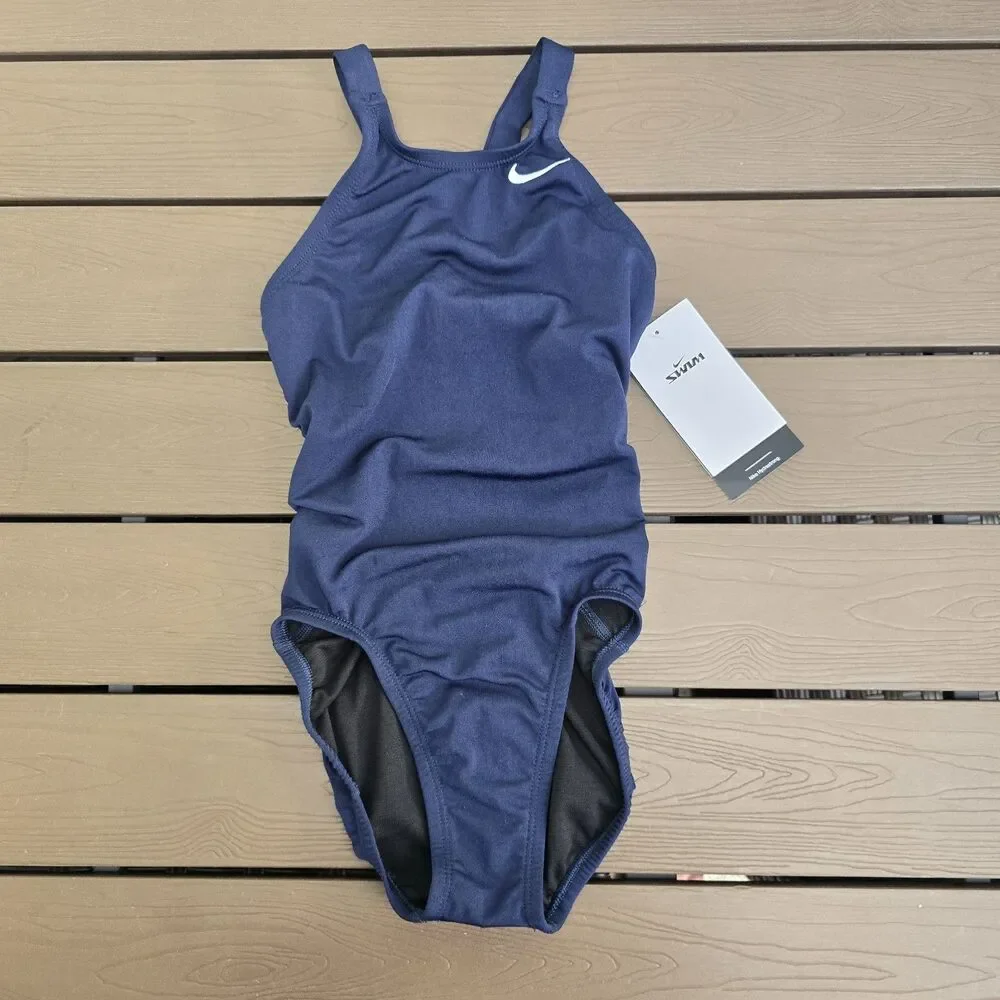 Nike Girl's Swim HydraStrong Navy Essential Fastback 1 Piece Sz 24 New